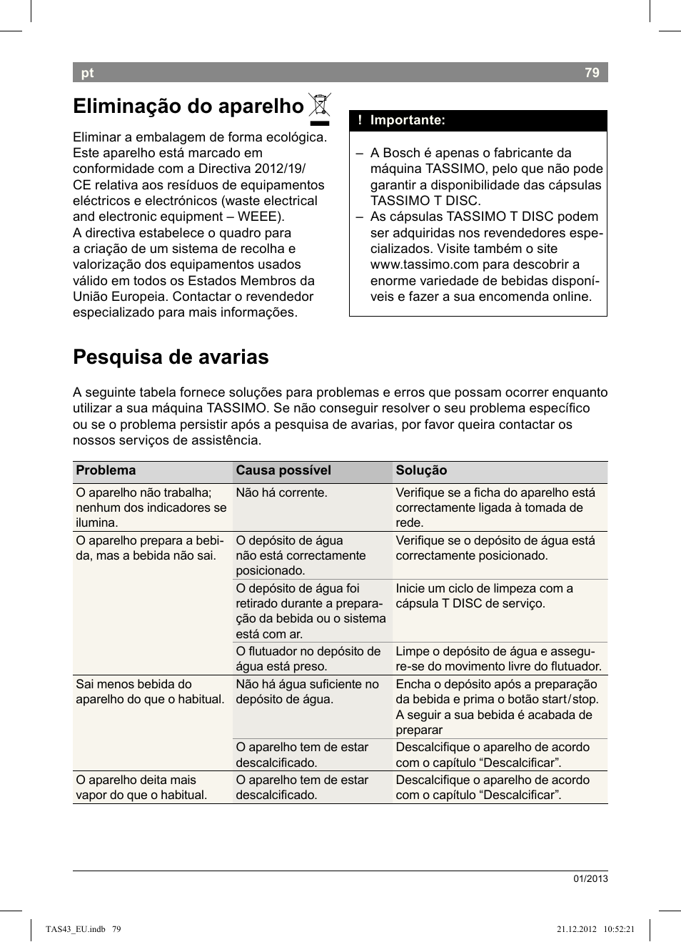 Eliminação!do!aparelho, Pesquisa!de!avarias | Bosch Multigetränkesystem clear white anthrazit TAS4304 User Manual | Page 77 / 164