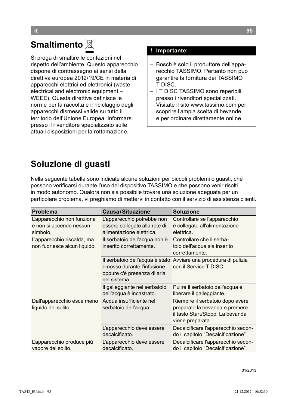 Smaltimento, Soluzione!di!guasti | Bosch Multigetränkesystem clear white anthrazit TAS4304 User Manual | Page 93 / 164