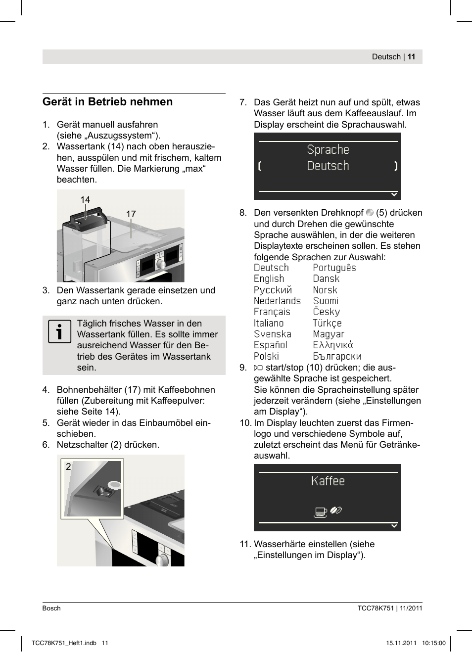 Sprache, Deutsch, Kaffee | Bosch TCC78K751 Edelstahl Kaffeevollautomat User Manual | Page 13 / 100