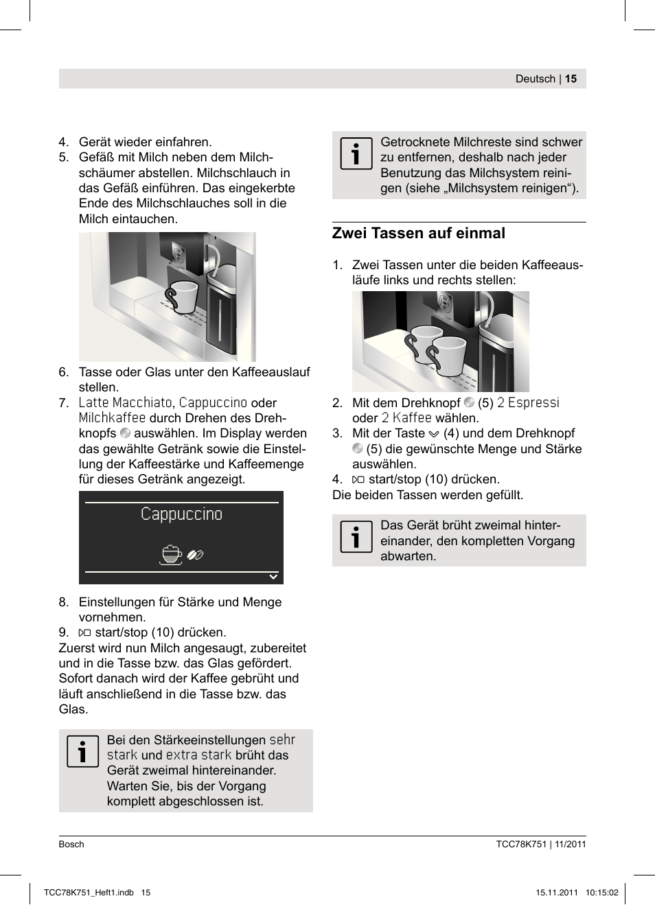 Cappuccino | Bosch TCC78K751 Edelstahl Kaffeevollautomat User Manual | Page 17 / 100