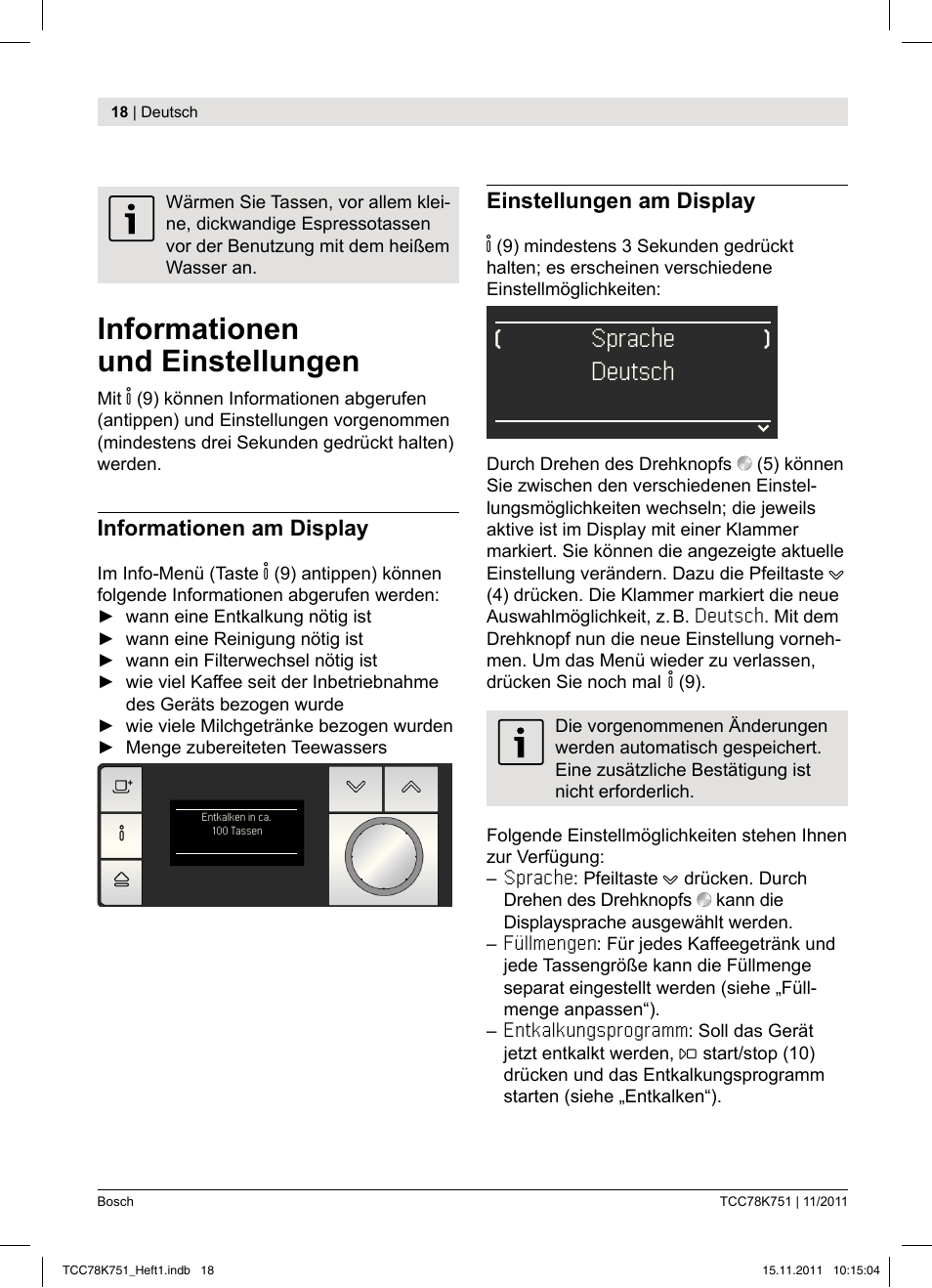 Informationen und einstellungen, Sprache, Deutsch | Bosch TCC78K751 Edelstahl Kaffeevollautomat User Manual | Page 20 / 100