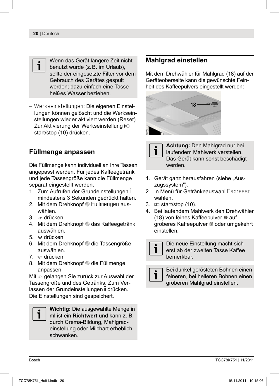 Bosch TCC78K751 Edelstahl Kaffeevollautomat User Manual | Page 22 / 100