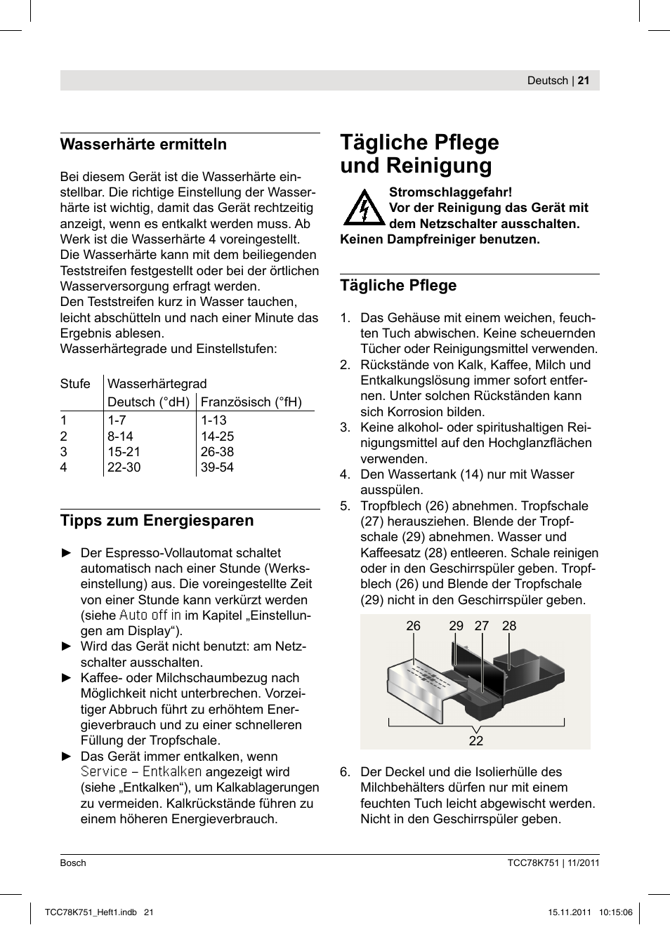 Tägliche pl ege und reinigung, Wasserhärte ermitteln, Tipps zum energiesparen | Tägliche pl ege | Bosch TCC78K751 Edelstahl Kaffeevollautomat User Manual | Page 23 / 100