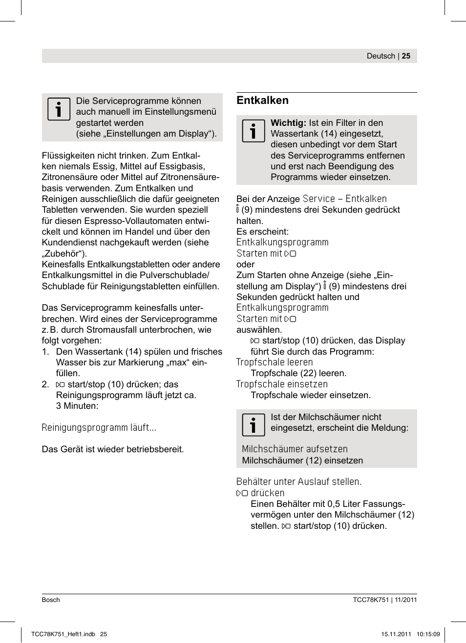 Entkalken | Bosch TCC78K751 Edelstahl Kaffeevollautomat User Manual | Page 27 / 100