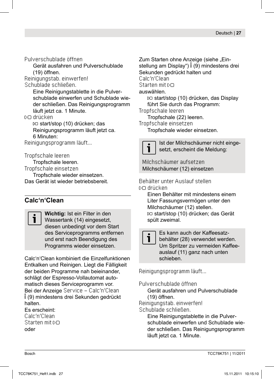 Calc‘n‘clean | Bosch TCC78K751 Edelstahl Kaffeevollautomat User Manual | Page 29 / 100