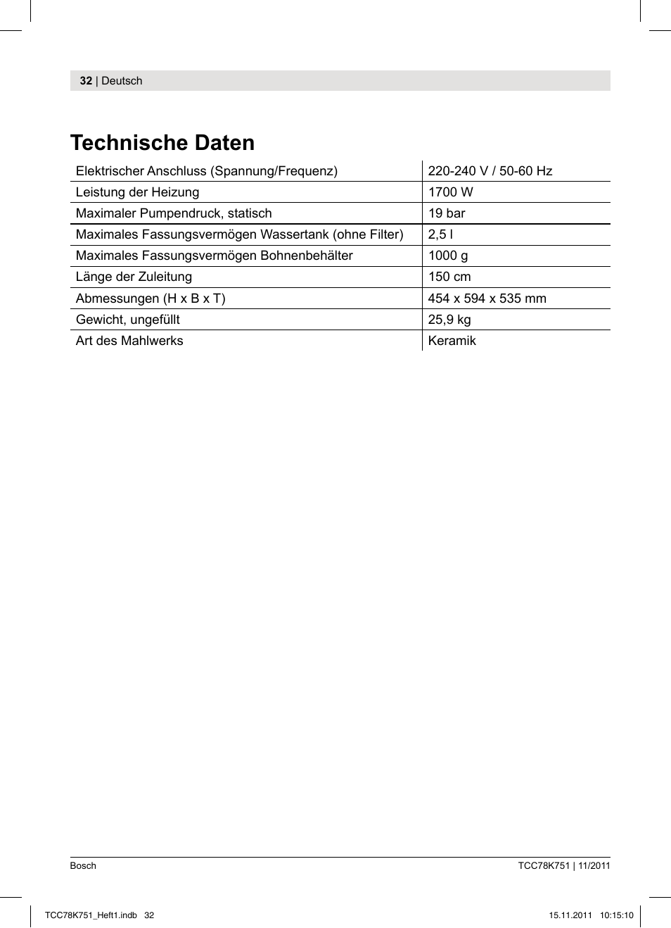 Technische daten | Bosch TCC78K751 Edelstahl Kaffeevollautomat User Manual | Page 34 / 100