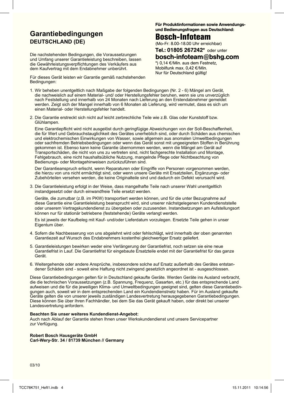 Bosch-infoteam, Garantiebedingungen | Bosch TCC78K751 Edelstahl Kaffeevollautomat User Manual | Page 4 / 100