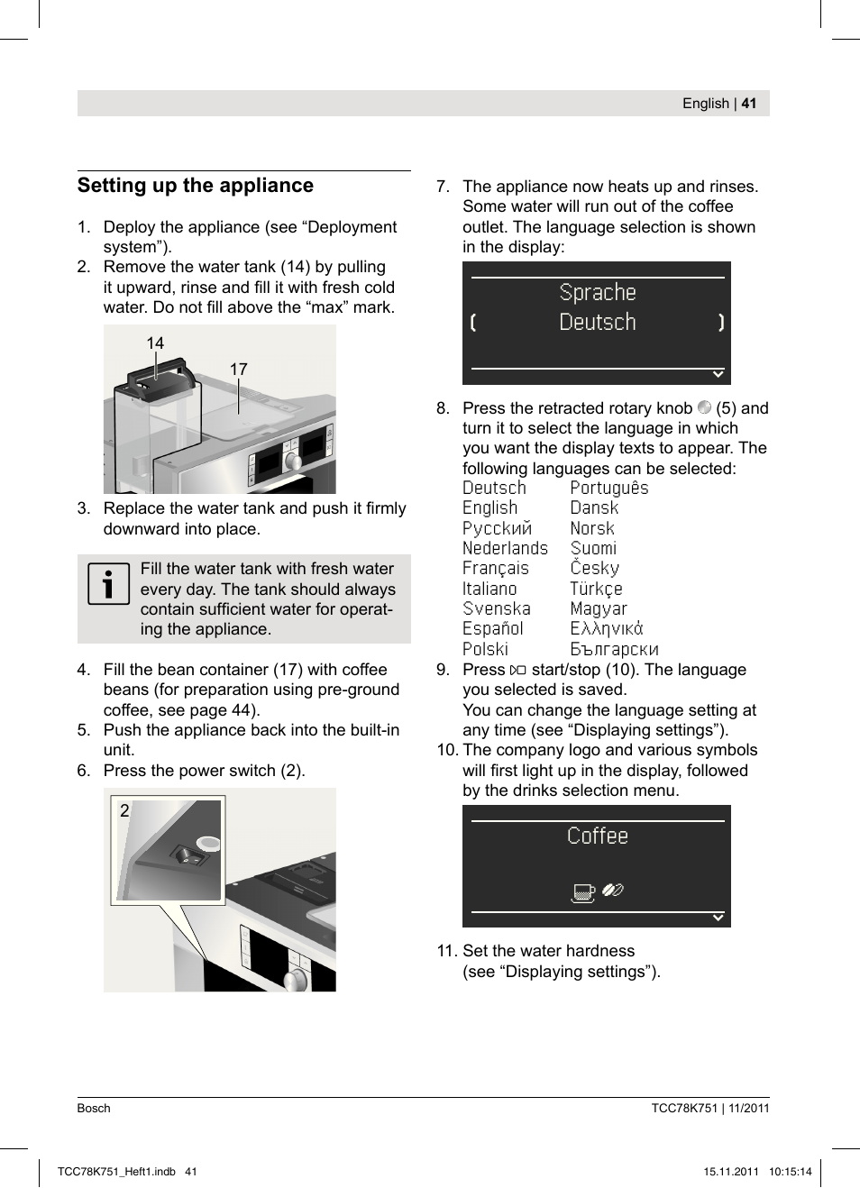 Sprache, Deutsch, Coffee | Bosch TCC78K751 Edelstahl Kaffeevollautomat User Manual | Page 43 / 100