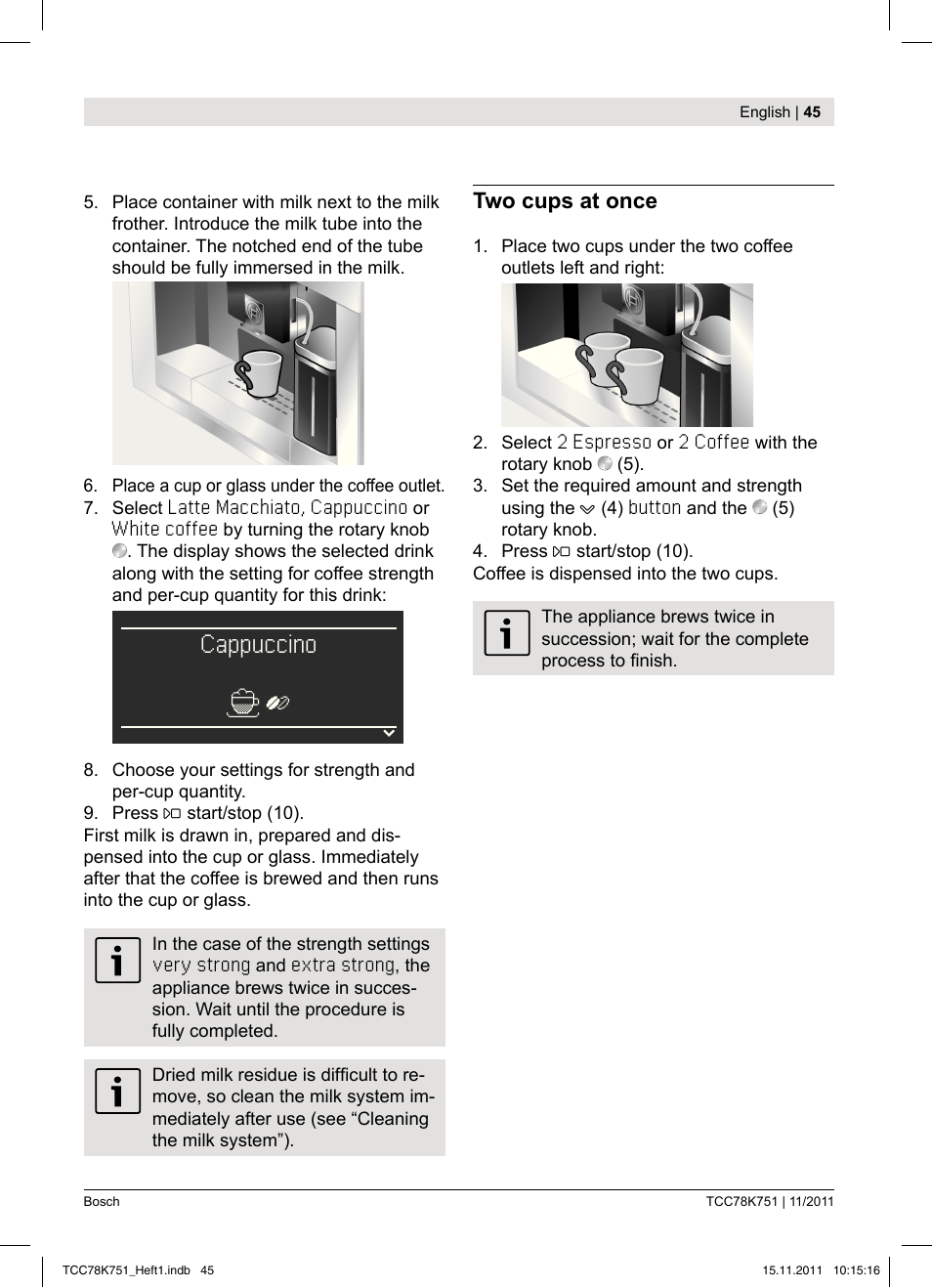 Cappuccino | Bosch TCC78K751 Edelstahl Kaffeevollautomat User Manual | Page 47 / 100