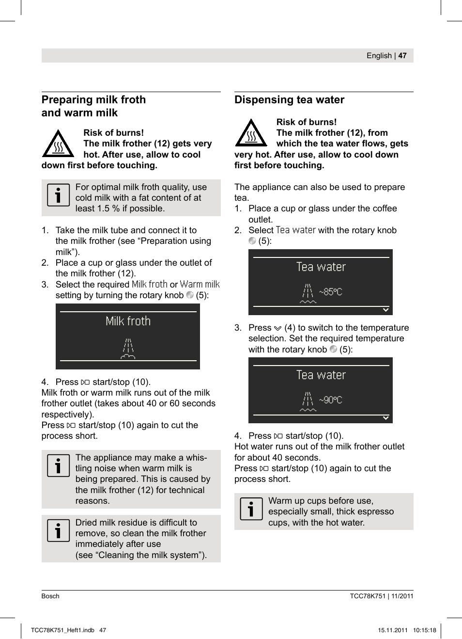 Milk froth ), Tea water ) | Bosch TCC78K751 Edelstahl Kaffeevollautomat User Manual | Page 49 / 100