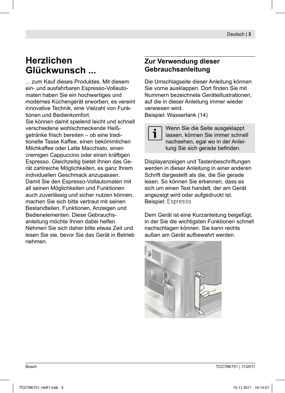 Herzlichen glückwunsch, Zur verwendung dieser gebrauchsanleitung | Bosch TCC78K751 Edelstahl Kaffeevollautomat User Manual | Page 5 / 100