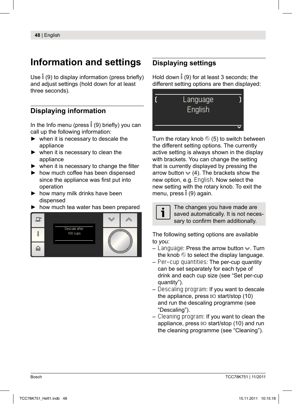 Information and settings, Language, English | Bosch TCC78K751 Edelstahl Kaffeevollautomat User Manual | Page 50 / 100