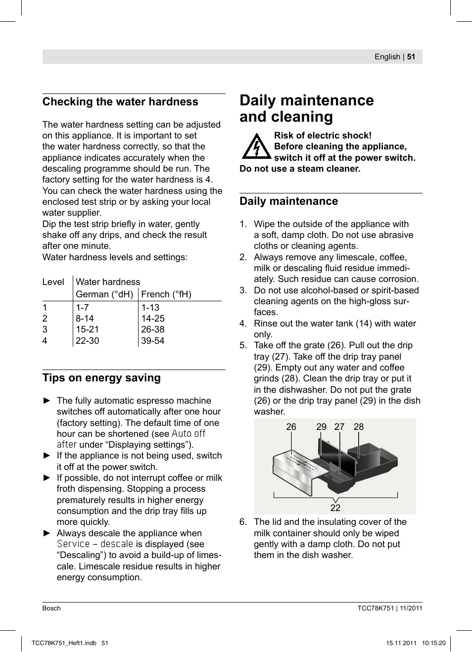 Daily maintenance and cleaning, Checking the water hardness, Tips on energy saving | Daily maintenance | Bosch TCC78K751 Edelstahl Kaffeevollautomat User Manual | Page 53 / 100