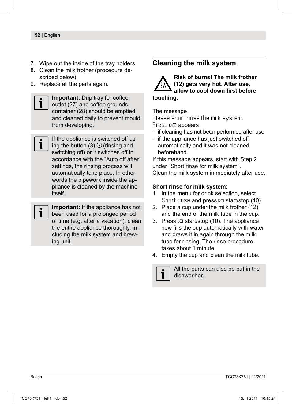 Cleaning the milk system | Bosch TCC78K751 Edelstahl Kaffeevollautomat User Manual | Page 54 / 100