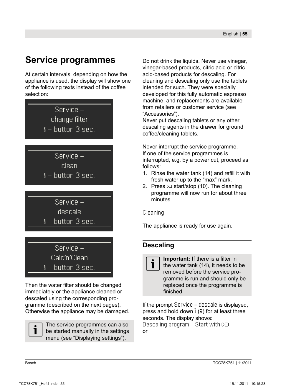 Service programmes, Service - change filter, Button 3 sec. service - clean | Button 3 sec. service - descale, Button 3 sec. service - calc‘n‘clean, Button 3 sec | Bosch TCC78K751 Edelstahl Kaffeevollautomat User Manual | Page 57 / 100