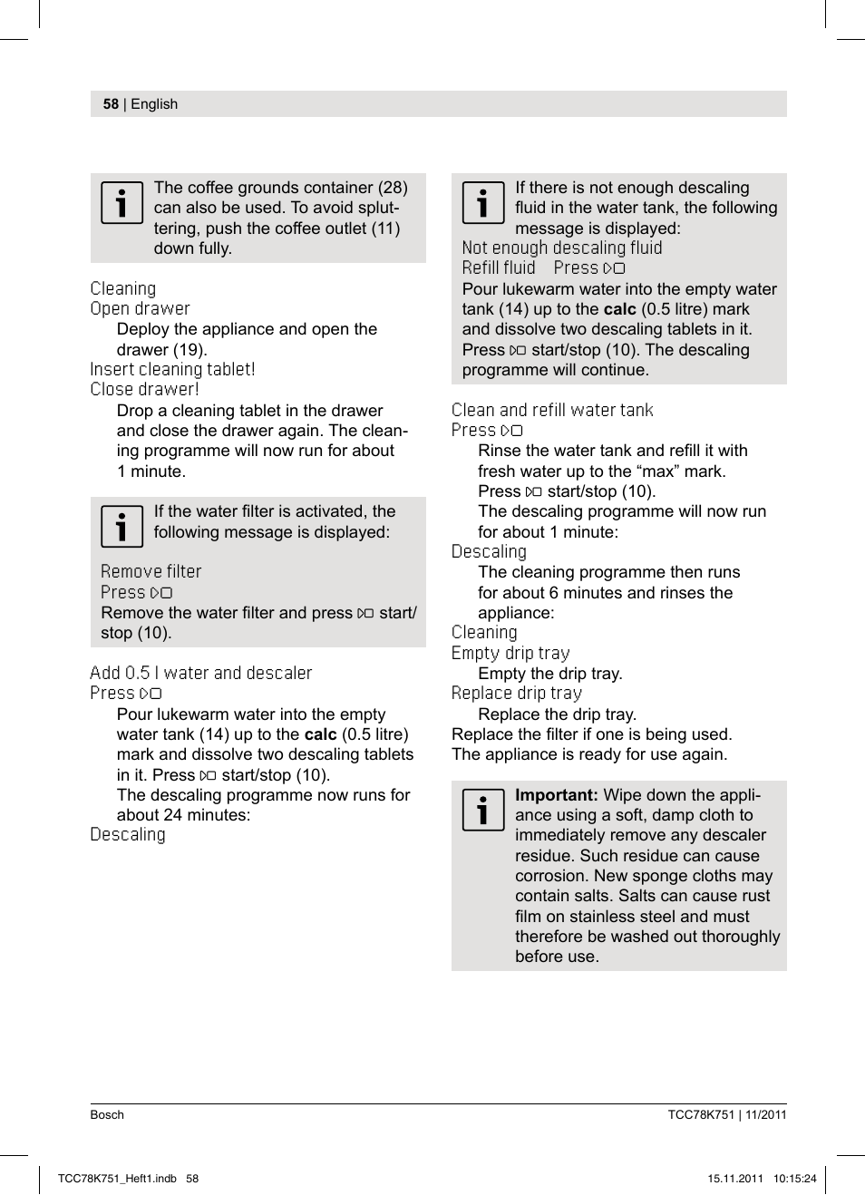 Bosch TCC78K751 Edelstahl Kaffeevollautomat User Manual | Page 60 / 100