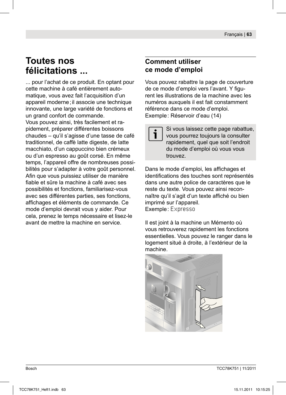 Toutes nos félicitations, Comment utiliser ce mode d’emploi | Bosch TCC78K751 Edelstahl Kaffeevollautomat User Manual | Page 65 / 100