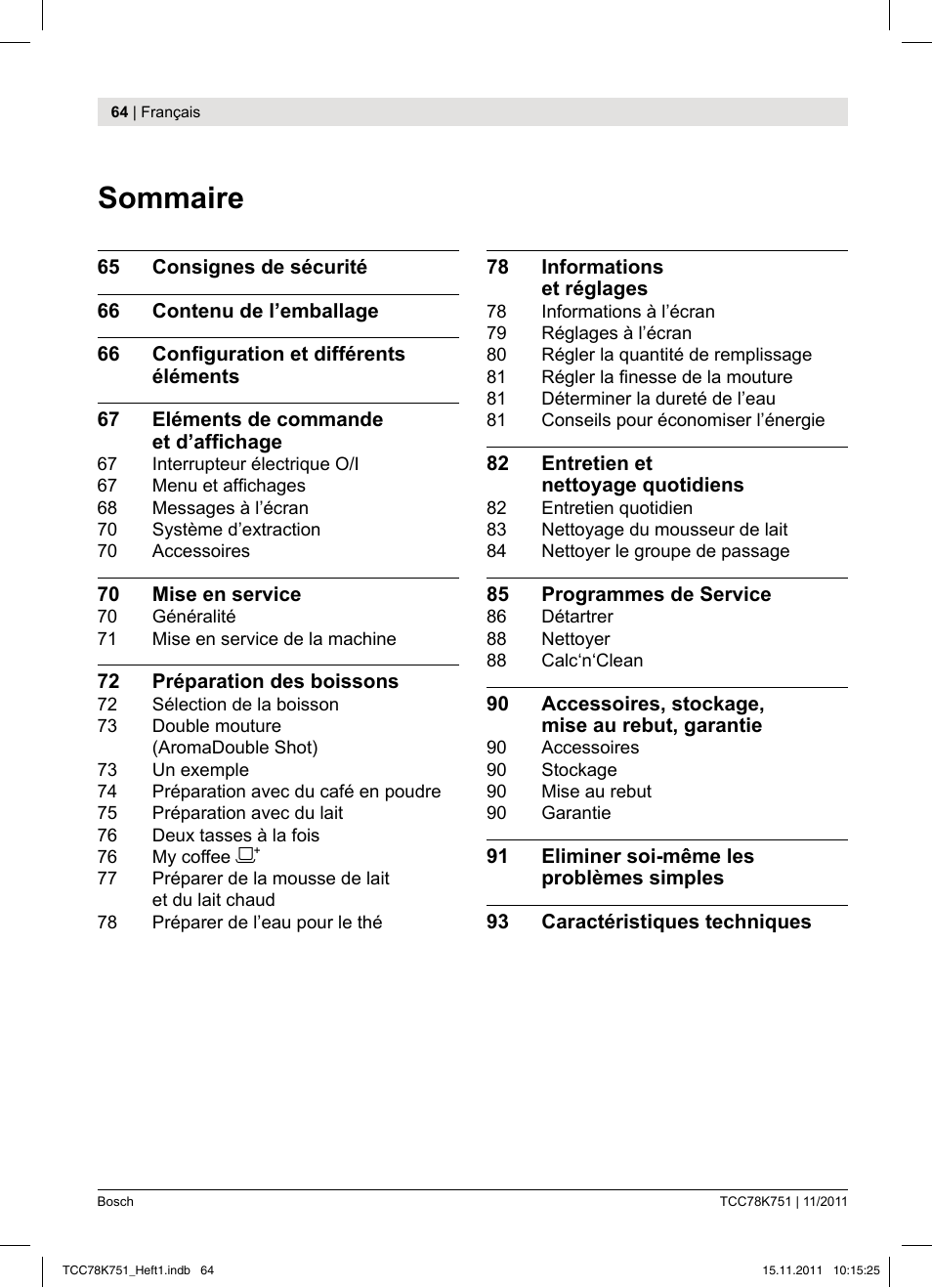 Sommaire | Bosch TCC78K751 Edelstahl Kaffeevollautomat User Manual | Page 66 / 100