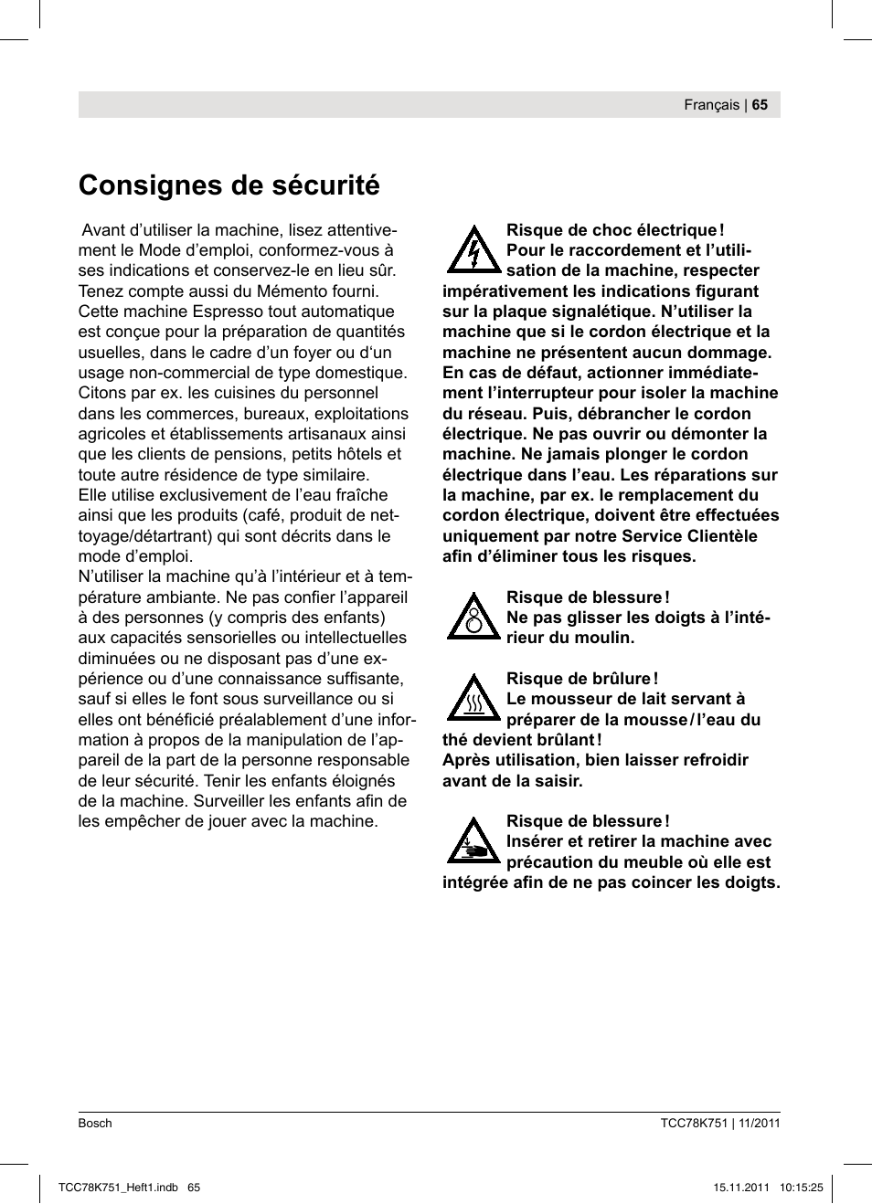 Consignes de sécurité | Bosch TCC78K751 Edelstahl Kaffeevollautomat User Manual | Page 67 / 100