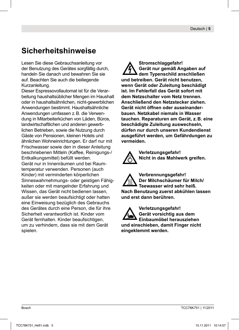 Sicherheitshinweise | Bosch TCC78K751 Edelstahl Kaffeevollautomat User Manual | Page 7 / 100