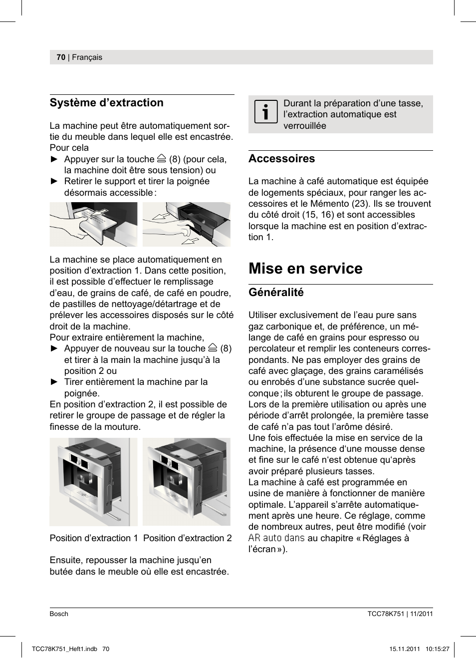 Mise en service, Système d’extraction, Accessoires | Généralité | Bosch TCC78K751 Edelstahl Kaffeevollautomat User Manual | Page 72 / 100