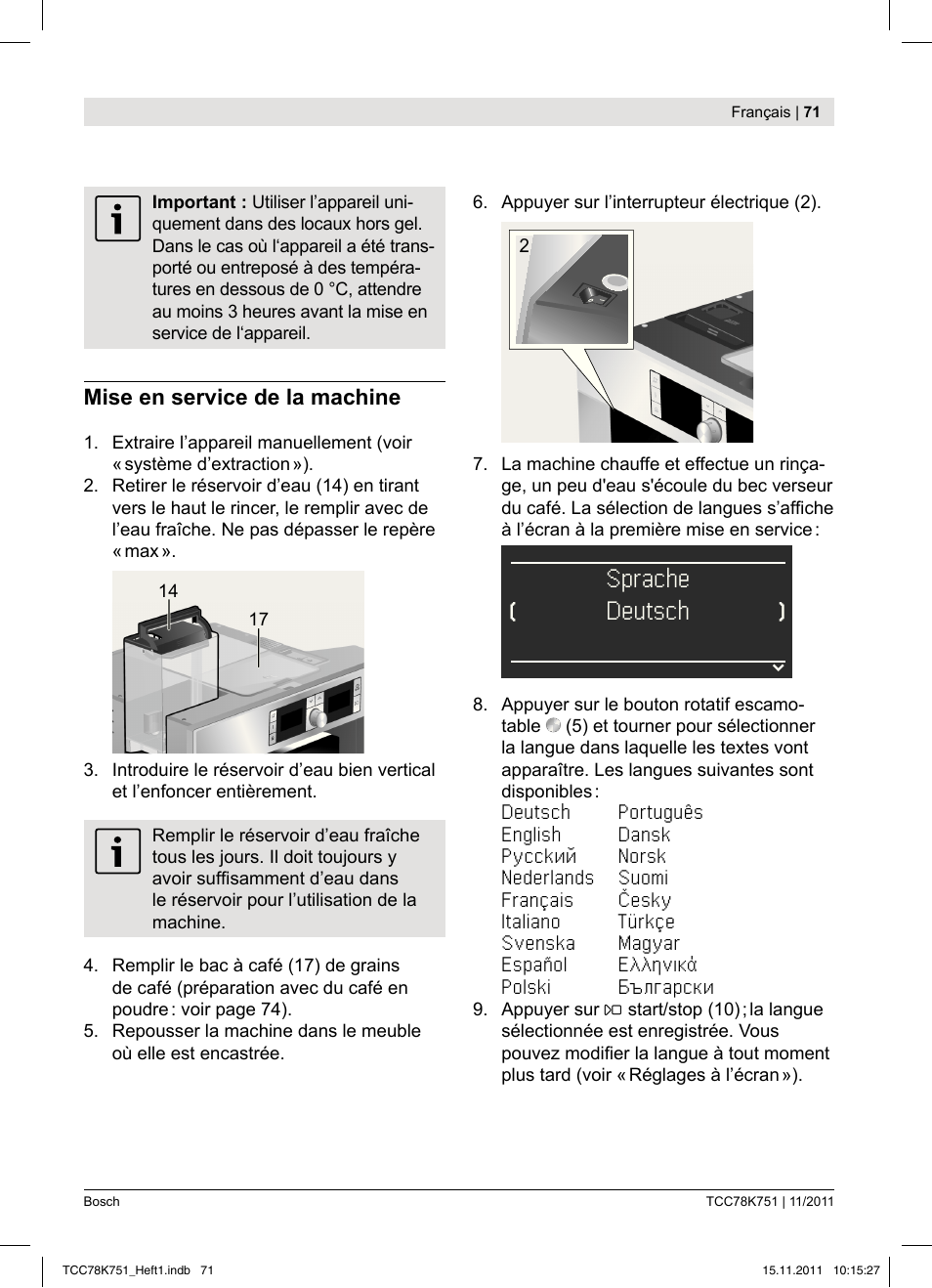 Sprache, Deutsch | Bosch TCC78K751 Edelstahl Kaffeevollautomat User Manual | Page 73 / 100