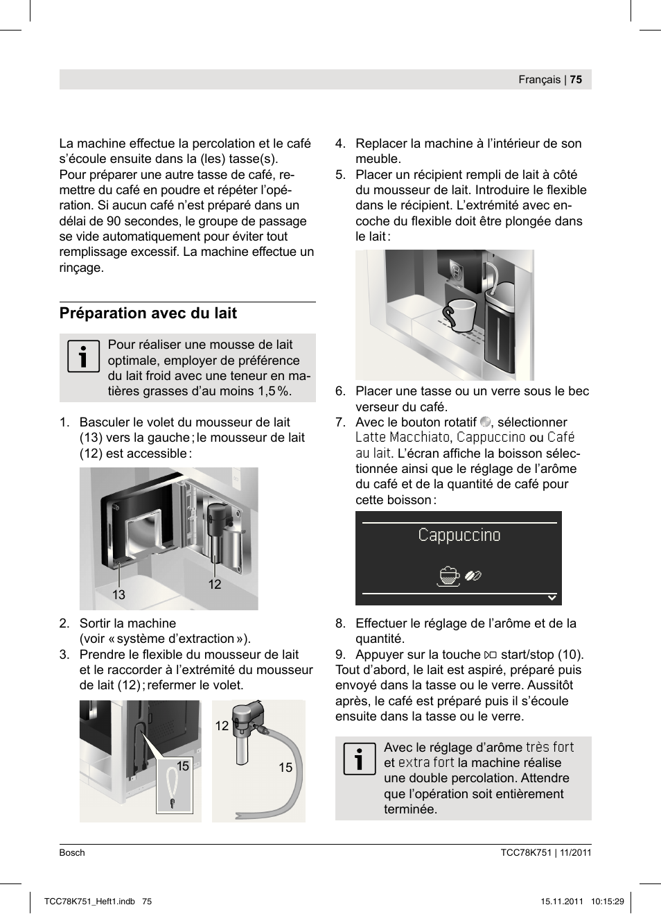 Cappuccino | Bosch TCC78K751 Edelstahl Kaffeevollautomat User Manual | Page 77 / 100