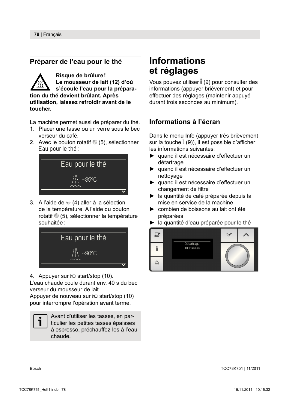 Informations et réglages, Eau pour le thé | Bosch TCC78K751 Edelstahl Kaffeevollautomat User Manual | Page 80 / 100