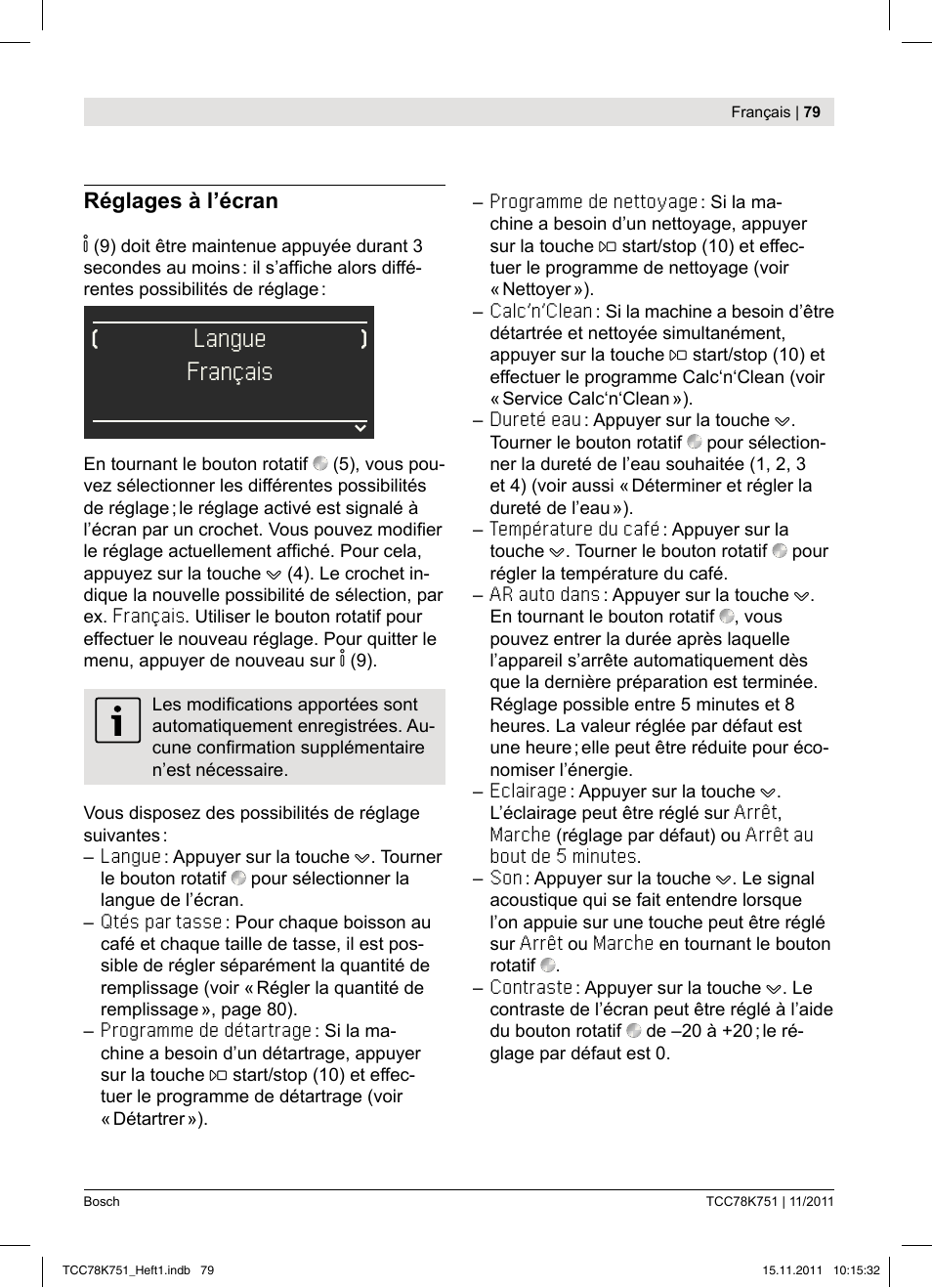 Langue, Français | Bosch TCC78K751 Edelstahl Kaffeevollautomat User Manual | Page 81 / 100