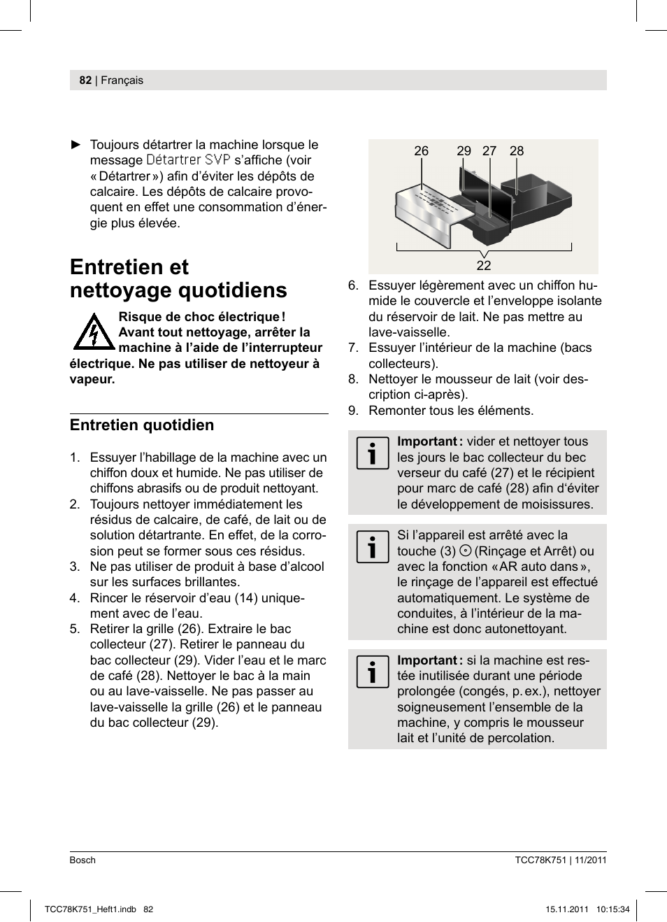 Entretien et nettoyage quotidiens, Entretien quotidien | Bosch TCC78K751 Edelstahl Kaffeevollautomat User Manual | Page 84 / 100