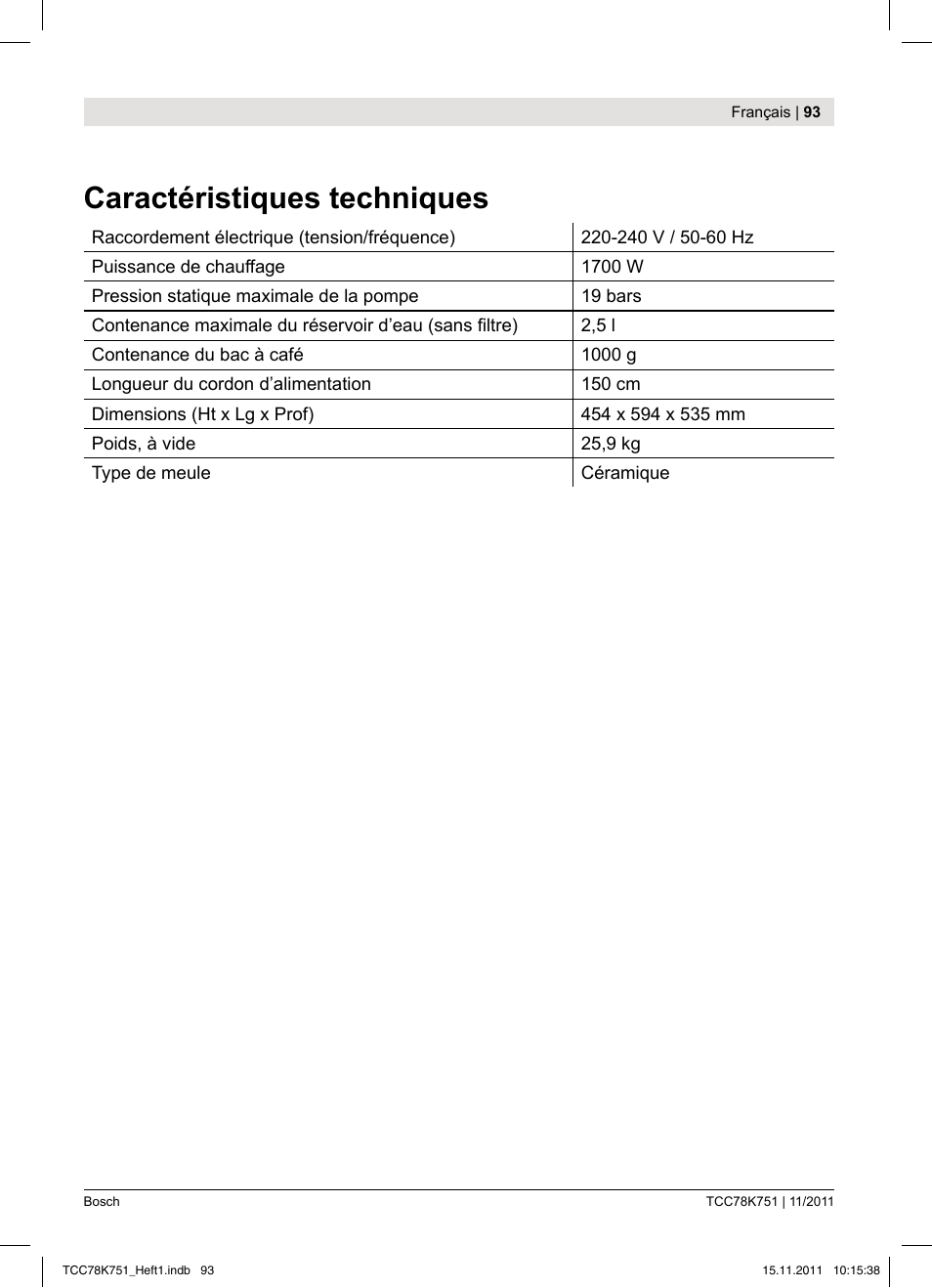 Caractéristiques techniques | Bosch TCC78K751 Edelstahl Kaffeevollautomat User Manual | Page 95 / 100