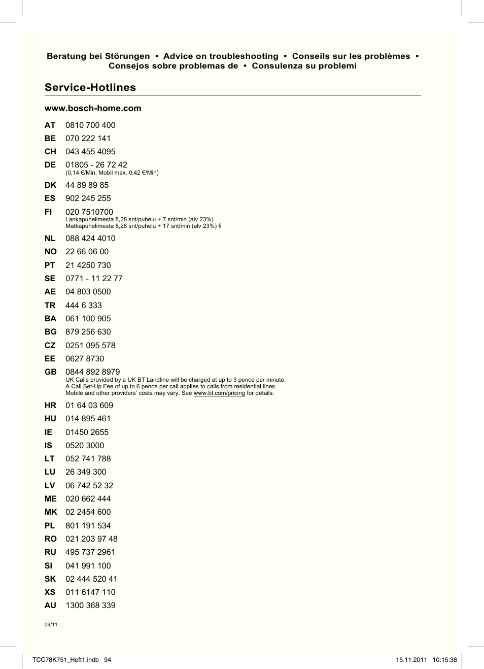 Service-hotlines | Bosch TCC78K751 Edelstahl Kaffeevollautomat User Manual | Page 96 / 100