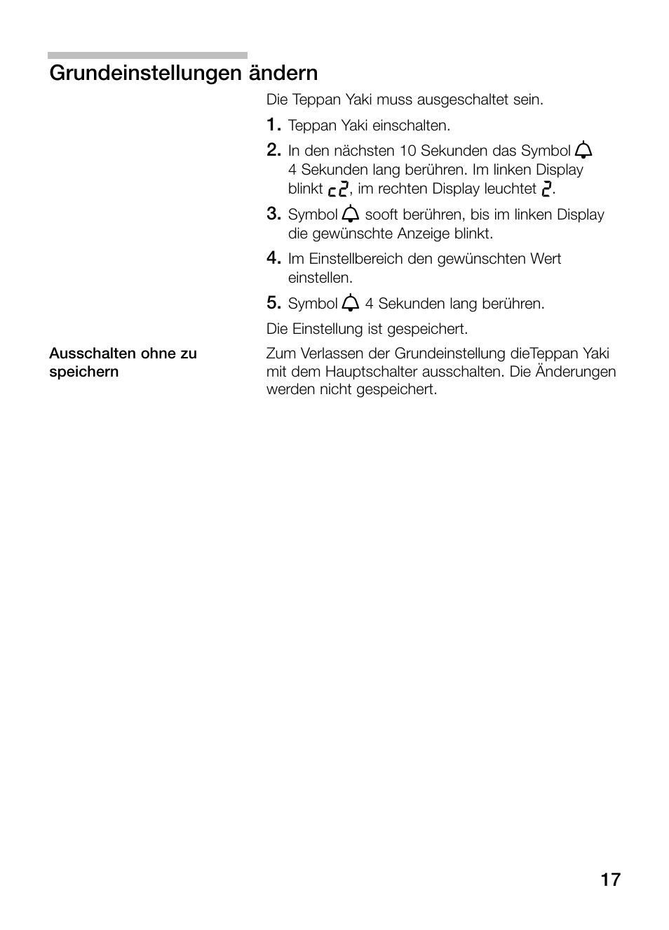 Grundeinstellungen ändern | Bosch PKY475N14E Edelstahl Comfort-Profil Teppan Yaki User Manual | Page 17 / 84