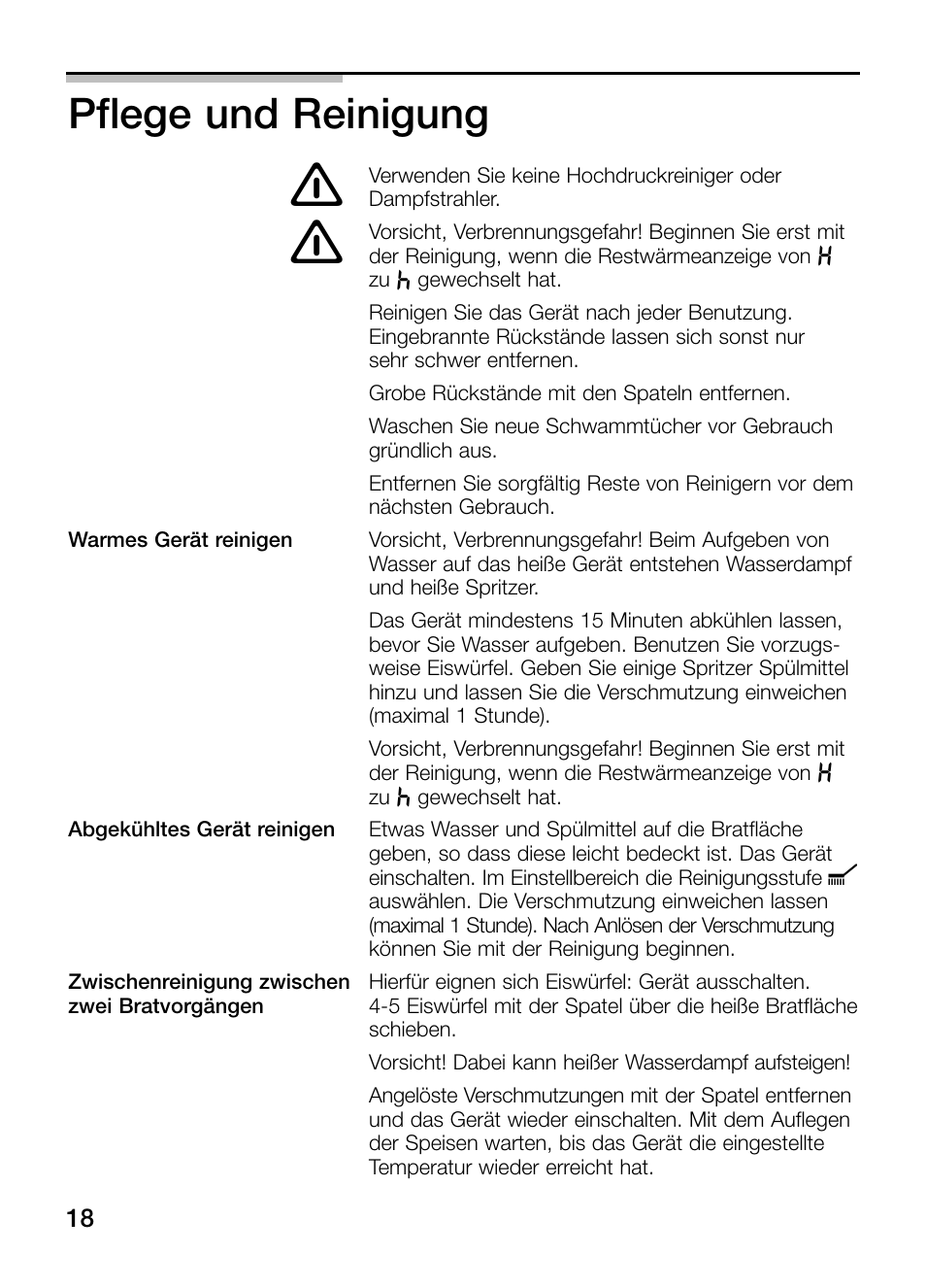 Pflege und reinigung | Bosch PKY475N14E Edelstahl Comfort-Profil Teppan Yaki User Manual | Page 18 / 84