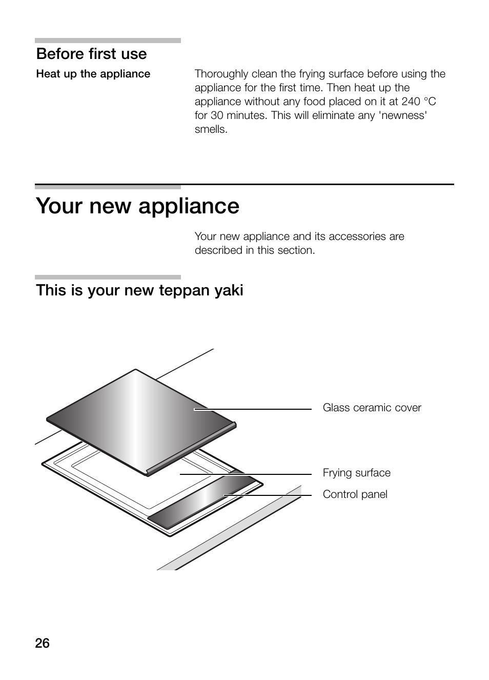 Your new appliance, Before first use, This is your new teppan yaki | Bosch PKY475N14E Edelstahl Comfort-Profil Teppan Yaki User Manual | Page 26 / 84