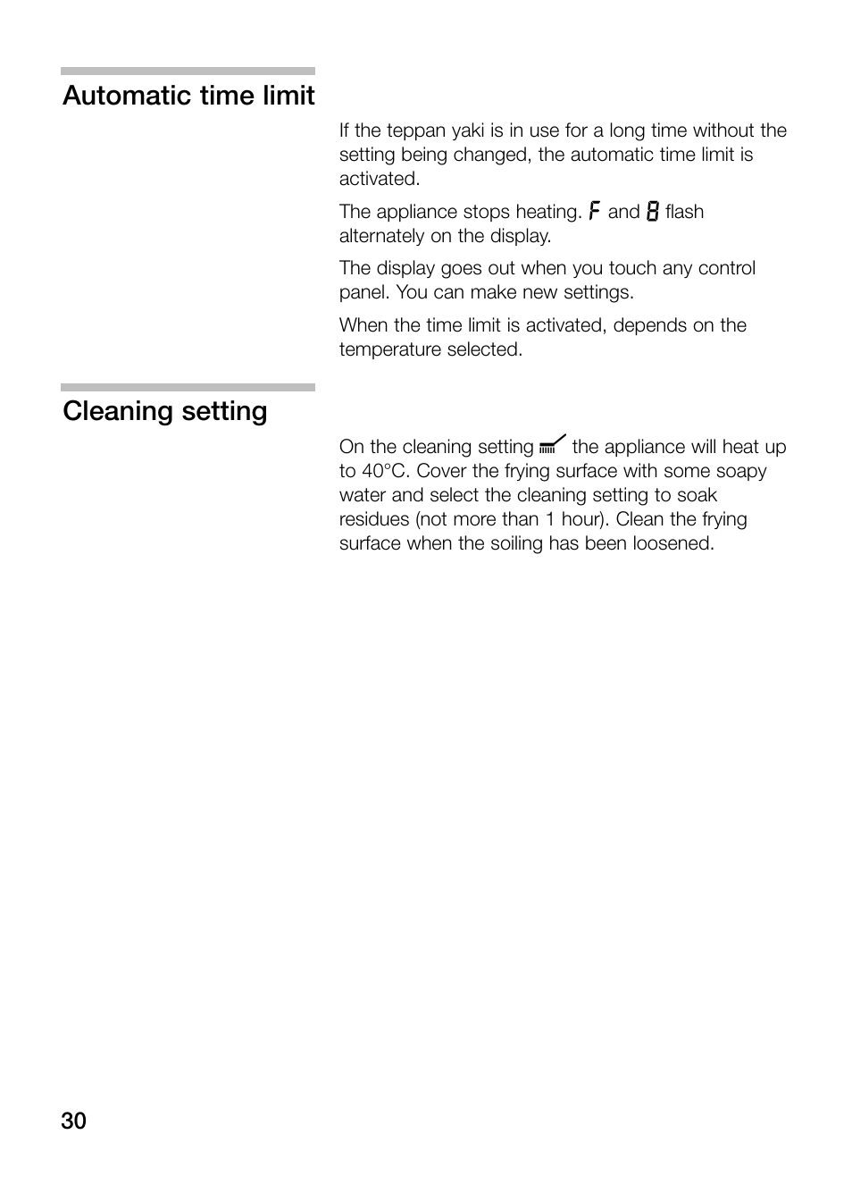 Automatic time limit, Cleaning setting | Bosch PKY475N14E Edelstahl Comfort-Profil Teppan Yaki User Manual | Page 30 / 84