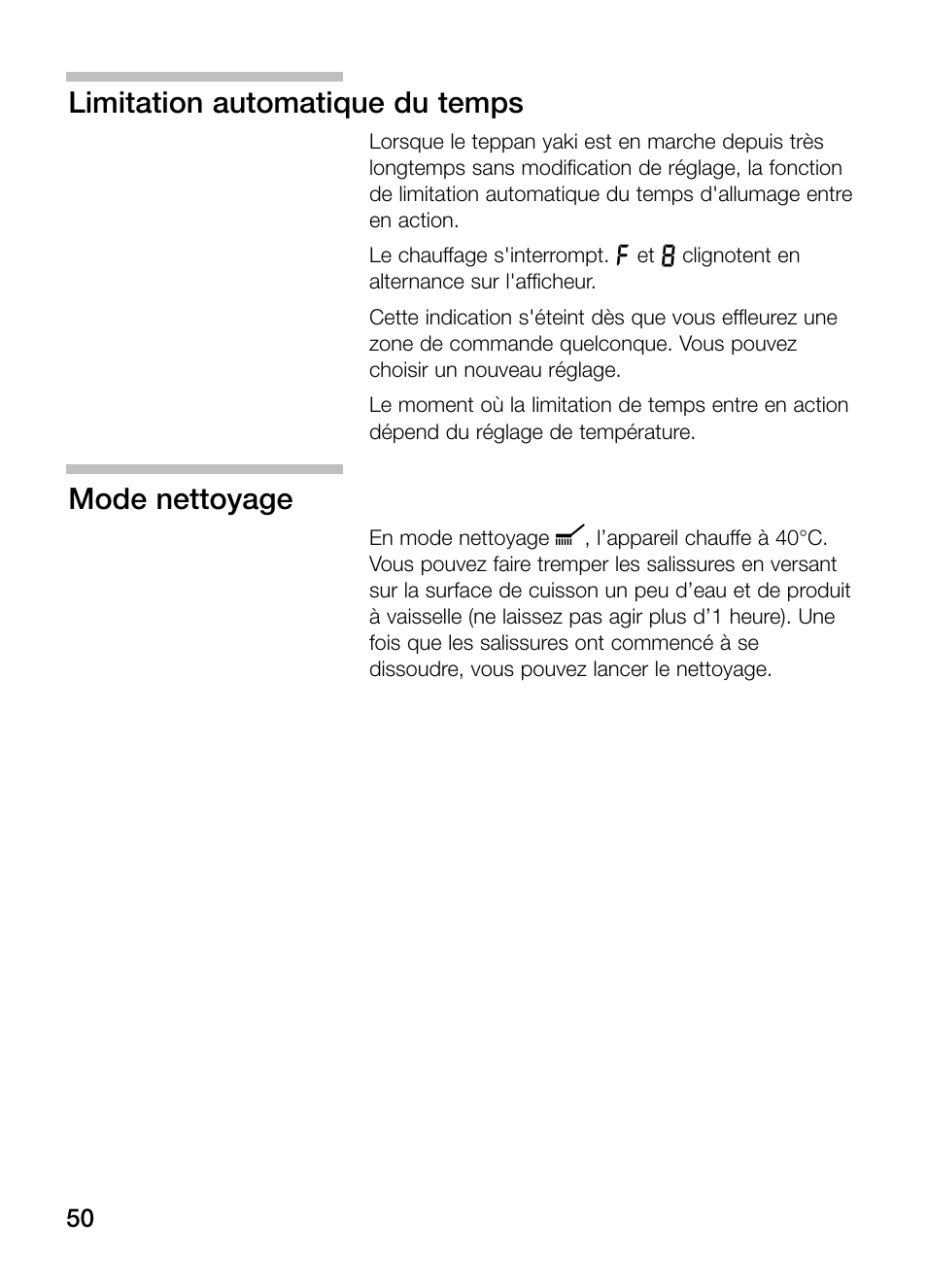 Limitation automatique du temps, Mode nettoyage | Bosch PKY475N14E Edelstahl Comfort-Profil Teppan Yaki User Manual | Page 50 / 84