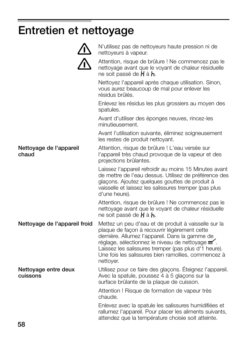 Entretien et nettoyage | Bosch PKY475N14E Edelstahl Comfort-Profil Teppan Yaki User Manual | Page 58 / 84