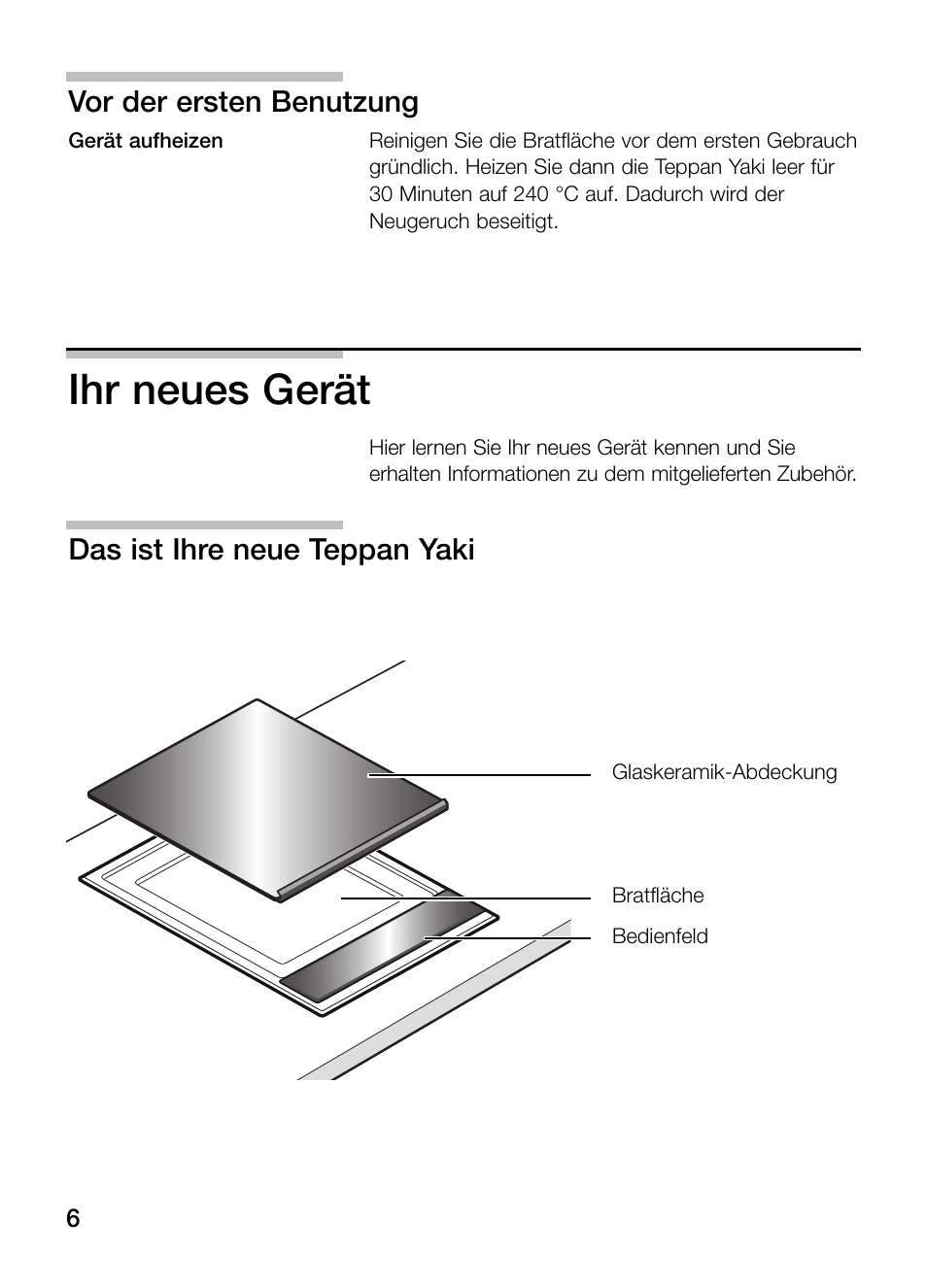 Ihr neues gerät, Vor der ersten benutzung, Das ist ihre neue teppan yaki | Bosch PKY475N14E Edelstahl Comfort-Profil Teppan Yaki User Manual | Page 6 / 84