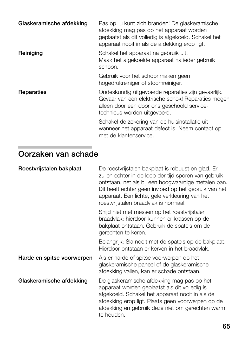 Oorzaken van schade | Bosch PKY475N14E Edelstahl Comfort-Profil Teppan Yaki User Manual | Page 65 / 84