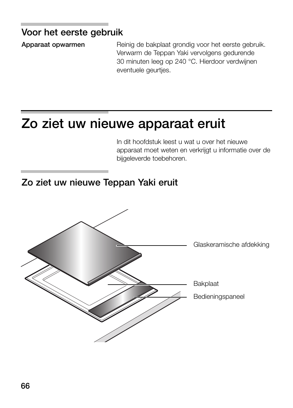 Zo ziet uw nieuwe apparaat eruit, Voor het eerste gebruik, Zo ziet uw nieuwe teppan yaki eruit | Bosch PKY475N14E Edelstahl Comfort-Profil Teppan Yaki User Manual | Page 66 / 84