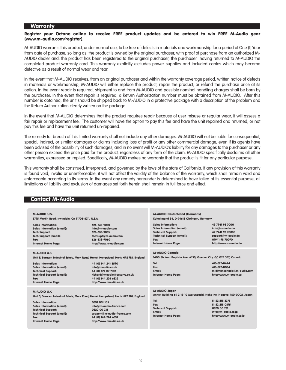 Warranty, Contact m-audio | M-AUDIO Octane User Manual | Page 10 / 47