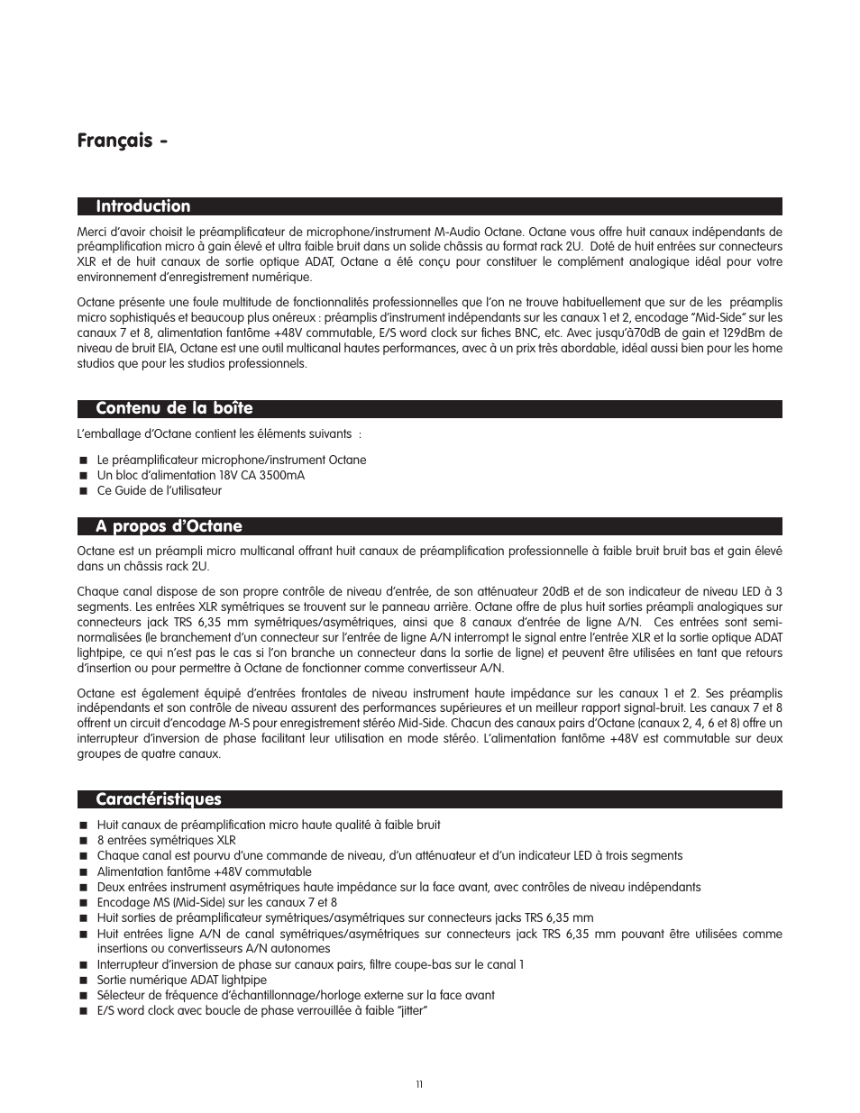 Fran“ais, Introduction, Contenu de la boﬂte | A propos dõoctane, Caract”ristiques, Français, Contenu de la boîte, A propos d’octane, Caractéristiques | M-AUDIO Octane User Manual | Page 11 / 47