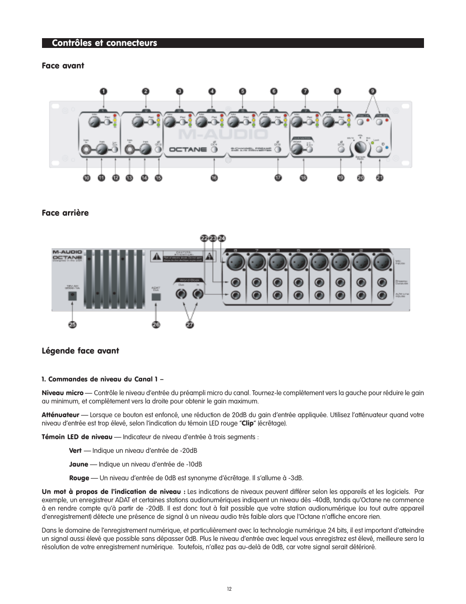 Contržles et connecteurs, L”gende face avant, Contrôles et connecteurs | Légende face avant | M-AUDIO Octane User Manual | Page 12 / 47