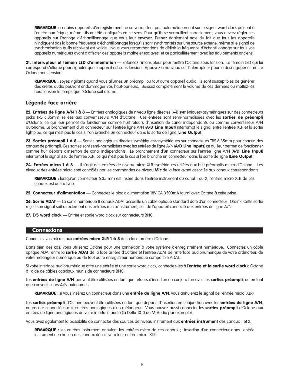 L”gende face arri‘re, Connexions, Légende face arrière | M-AUDIO Octane User Manual | Page 14 / 47