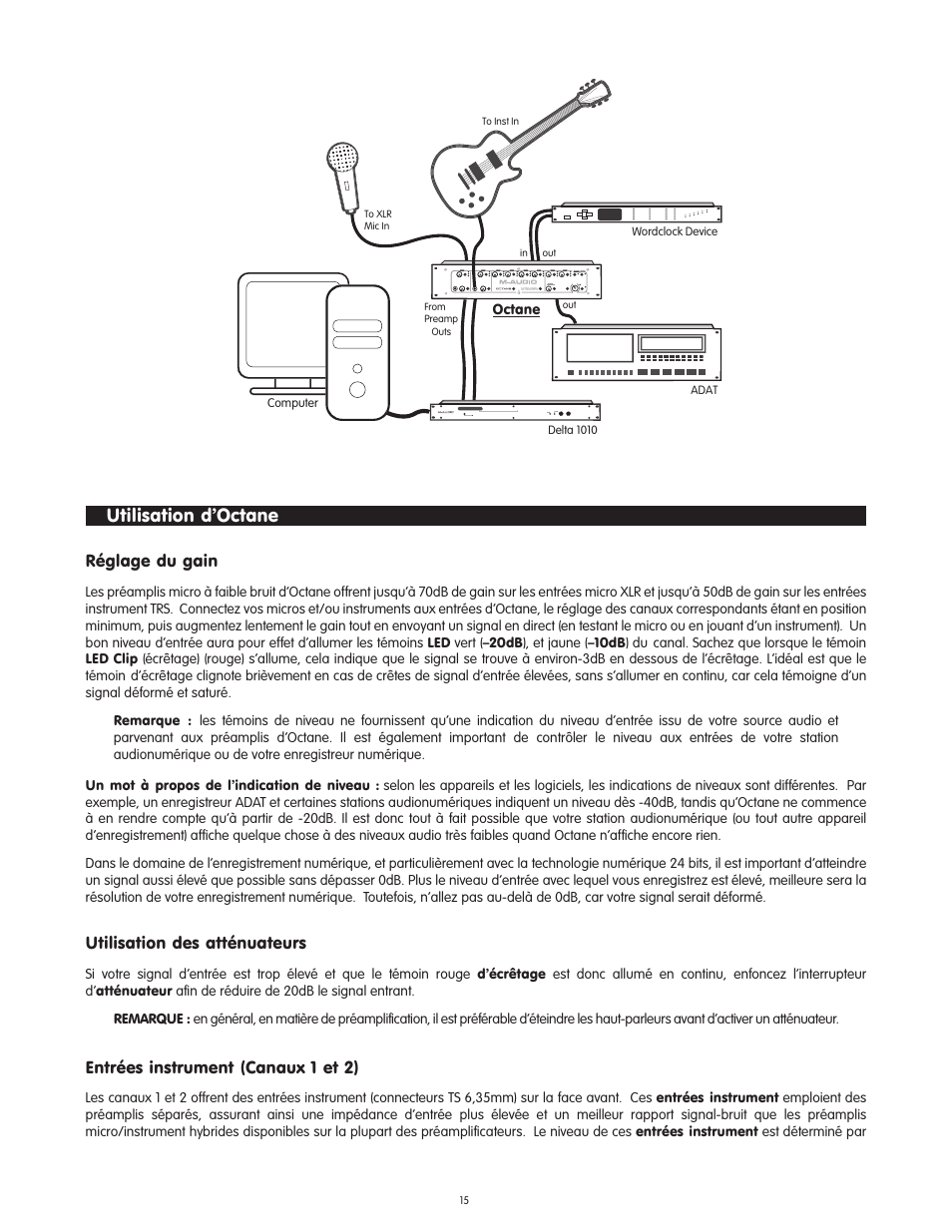 Utilisation dõoctane, Utilisation d’octane, Réglage du gain | Utilisation des atténuateurs, Entrées instrument (canaux 1 et 2) | M-AUDIO Octane User Manual | Page 15 / 47