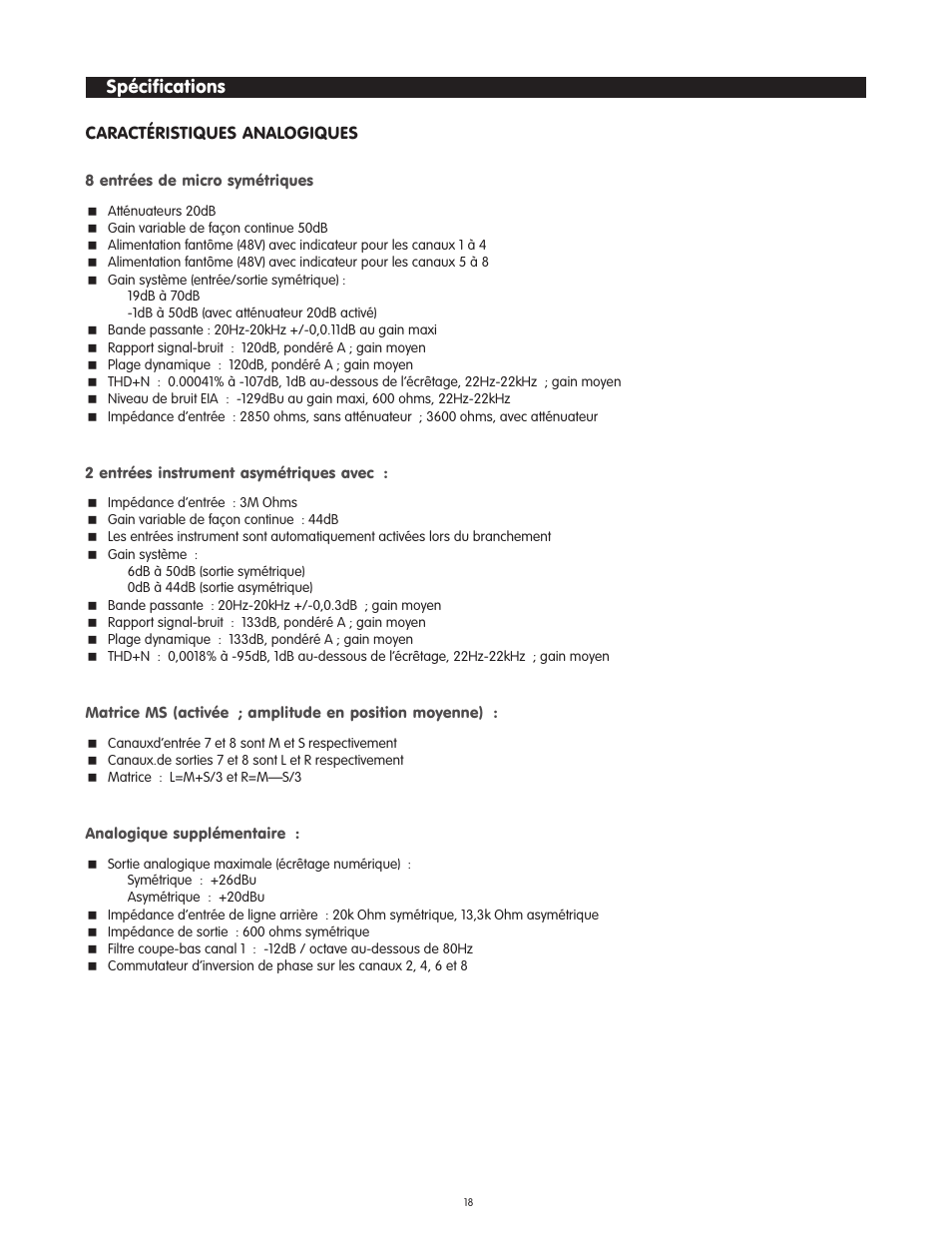 Sp”cifications, Spécifications | M-AUDIO Octane User Manual | Page 18 / 47
