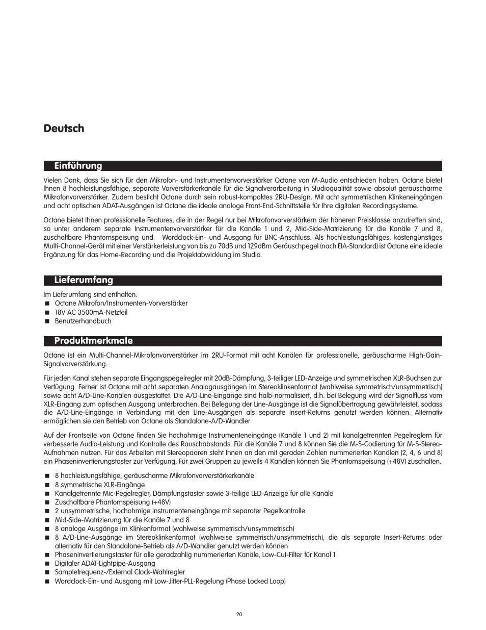 Deutsch, Einf�hrung, Lieferumfang | Produktmerkmale, Einführung | M-AUDIO Octane User Manual | Page 20 / 47