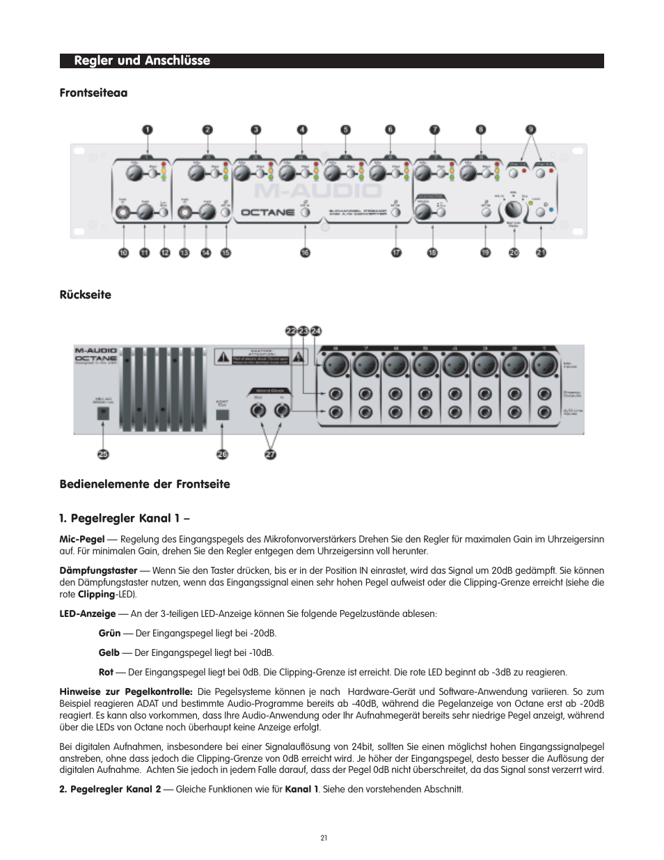 Regler und anschl�sse, Bedienelemente der frontseite, Regler und anschlüsse | M-AUDIO Octane User Manual | Page 21 / 47