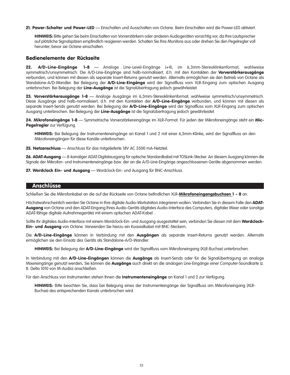 Bedienelemente der r�ckseite, Anschl�sse, Bedienelemente der rückseite | Anschlüsse | M-AUDIO Octane User Manual | Page 23 / 47